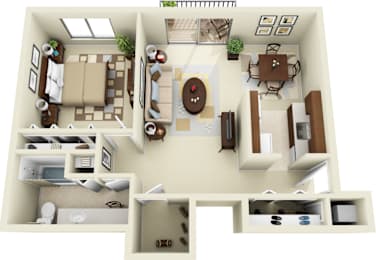 A 3D floor plan of a house showing a living room, kitchen, dining room, and bedrooms.