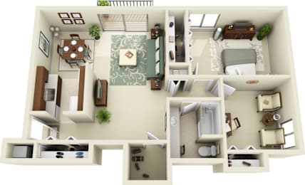 A 3D floor plan of a house with a living room, kitchen, dining room, and bedrooms.