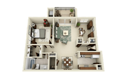 1 Bed 1 Bath Floor Plan with Den at Three Oaks Apartments in Troy, MI, 48098