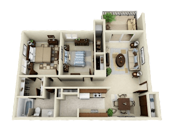 2 Bed 1 Bath Floor Plan at Three Oaks Apartments in Troy, MI