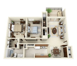 2 Bed 1 Bath Floor Plan at Three Oaks Apartments in Troy