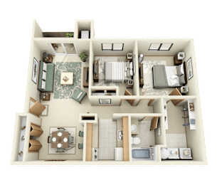 A 3D rendered image of a house layout.