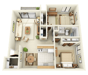 A detailed 3D floor plan of a house showing all rooms and their furnishings.