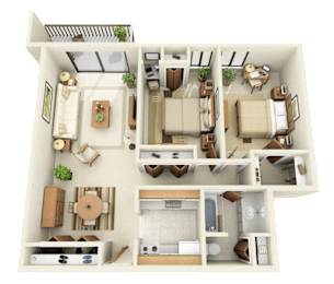 A 3D floor plan of a house showing a kitchen, living room, dining room, and bathroom.
