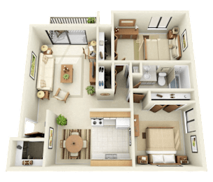 A detailed 3D floor plan of a house showing all rooms and their furnishings.