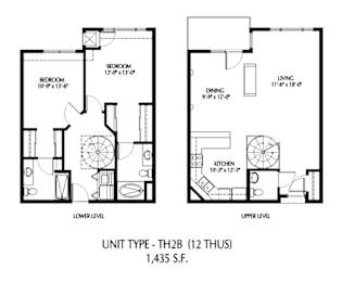 A floor plan for a 12th floor apartment with a living room, two bedrooms, a dining room, and a kitchen.