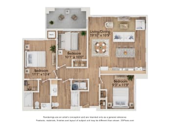 3 Bed Type A Floor Plan at 67 Flats, Arizona, 85301