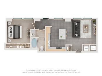 A floor plan of a small apartment with a kitchen, living room, and bathroom.