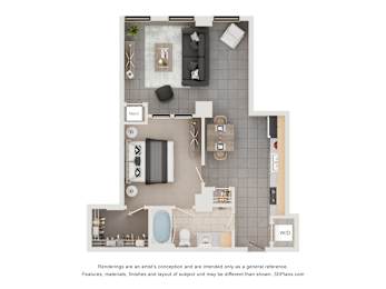 A 3D floor plan of a house with a kitchen, living room, and bathroom.