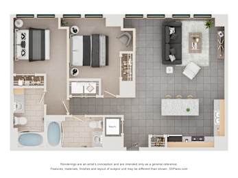 A floor plan of a house with a kitchen, living room, and bathroom.