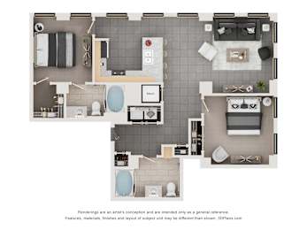 A floor plan of a house with a kitchen, living room, and bathrooms.