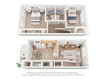 A 3D floor plan of a house with two bedrooms, a living room, a kitchen, and a bathroom.
