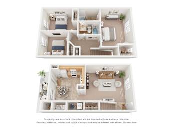 A 3D floor plan of a two-bedroom apartment with a living room, kitchen, and bathroom.