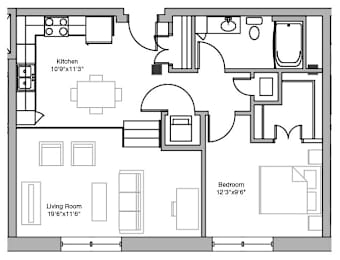 Floor Plan  A floor plan of a house with a living room, kitchen, and bedroom.