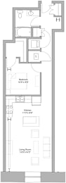 Floor Plan  A floor plan of a house with a bedroom, a kitchen, and a living room.