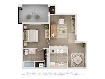 A floor plan of a small apartment with a kitchen, living room, and bathroom.