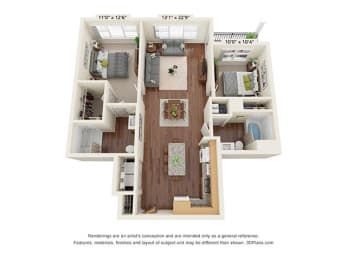 2 bed 2 bath floor plan E at Covington Crossings 55+ Senior Living, Covington, GA