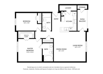 2 Bedroom Floor Plan at Five Mile Creek, Dallas