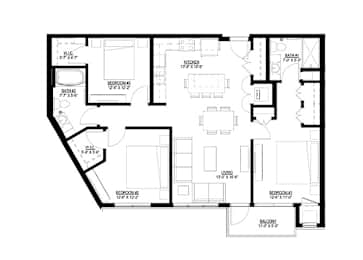 3 Bedroom Floor Plan at Union Flats, St. Paul, 55114