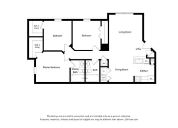 -3 Bedroom 2 Bath Floor Plan at Vermillion Apartments, Houston, TX 77021