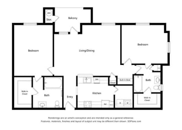 2 Bedroom Floor Plan at Capitol Crossing, Austin, TX 78744