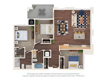 A 3D floor plan of a house with labeled rooms and dimensions.