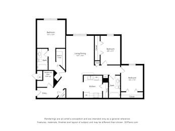 A black and white floor plan of a house with three bedrooms, a living area, a kitchen, a bathroom, and an entry.