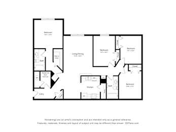 A black and white drawing of a house layout with a kitchen, living room, and three bedrooms.