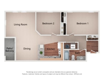 Dominium_Park Avenue West_2x1 Bedroom - 2C (SE101) - 2D Color Floor Plan Image