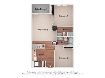 Dominium_Park Avenue West_2x2 Bedroom - 2B (C204) - 2D Color Floor Plan Image