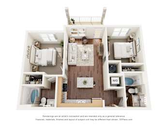 A 3D floor plan of a house with a kitchen, living room, and bathrooms.
