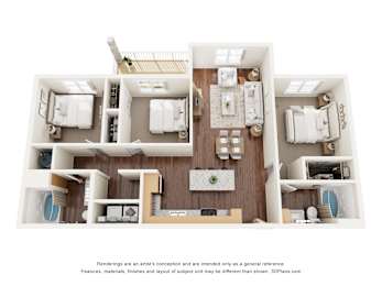 A 3D floor plan of a house with multiple rooms.