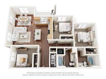 A 3D floor plan of a house with a kitchen, living room, and bathrooms.