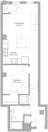 Floor Plan  A floor plan of a house with a living room, kitchen, and bedroom.