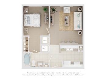 A 3D floor plan of a small apartment with a kitchen, bathroom, and living room.