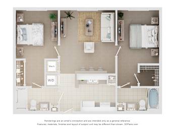 A 3D floor plan of a bathroom with a toilet, sink, and bathtub.