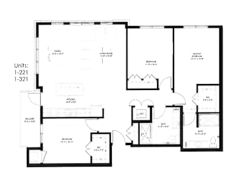 A black and white image of a floor plan for an apartment.