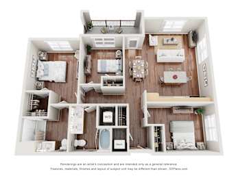 A 3D floor plan of a house with a kitchen, living room, and two bedrooms.