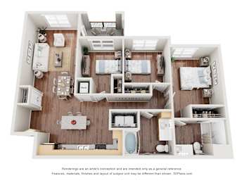 A 3D floor plan of a house with a kitchen, living room, and two bedrooms.