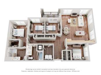 A 3D floor plan of a house with a kitchen, living room, and two bedrooms.