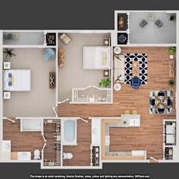 A 3D floor plan of a house with a living room, dining room, kitchen, and bathrooms.