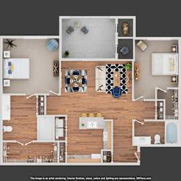 A 3D floor plan of a house with a kitchen, living room, dining area, and bathrooms.