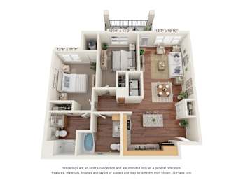 A 3D floor plan of a house with a kitchen, living room, and bathroom.