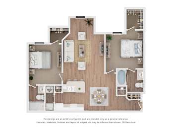 A 3D floor plan of a house with a kitchen, living room, and bathrooms.