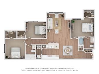 A 3D floor plan of a house with labeled rooms.