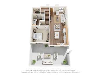 A 3D floor plan of a house with a living room, kitchen, and two bedrooms.