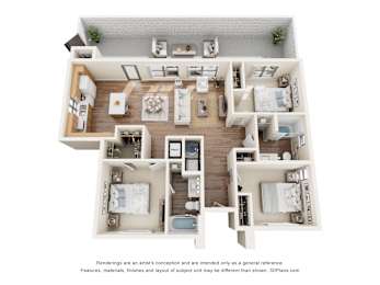 A 3D floor plan of a house with a kitchen, living room, dining room, and two bedrooms.