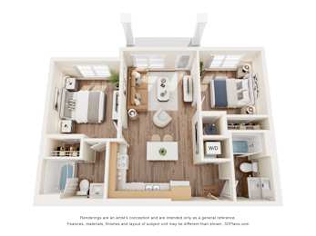 A 3D floor plan of a small apartment with a kitchen, living room, and bathroom.