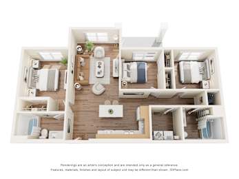 A 3D floor plan of a house with a kitchen, living room, and two bedrooms.
