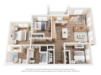 A 3D floor plan of a house with a kitchen, living room, and bathrooms.